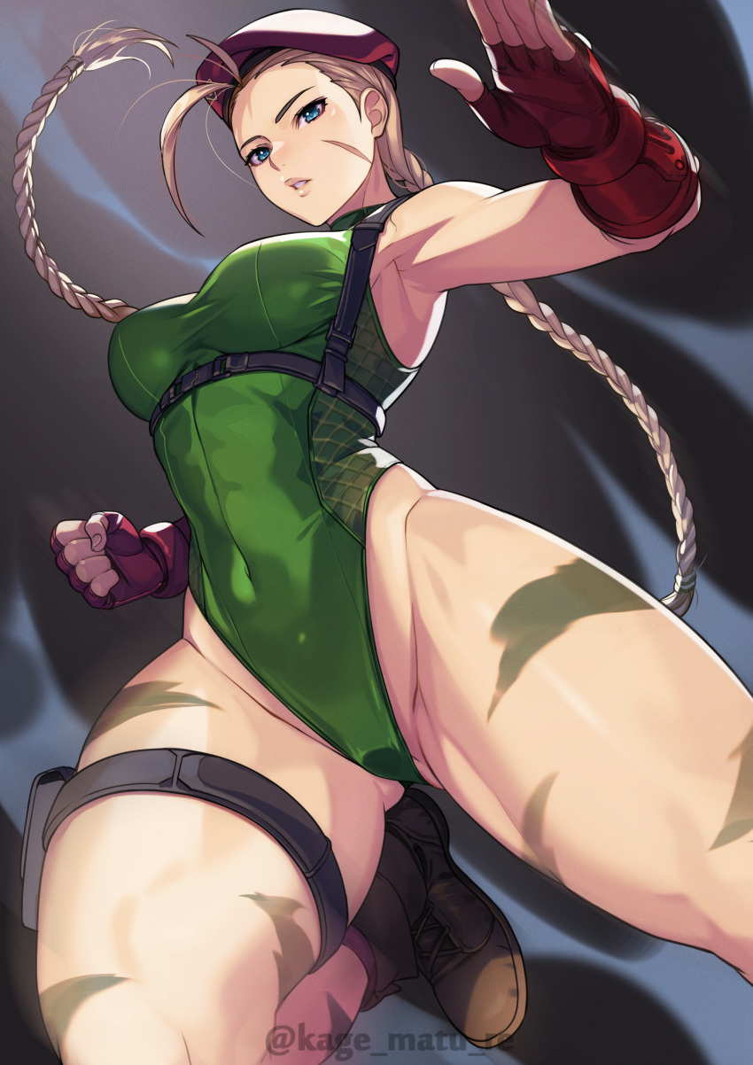 1girl absurdres ahoge bare_shoulders beret blonde_hair blue_eyes boots bracer braid breasts cammy_white covered_navel fingerless_gloves gloves green_leotard hat highleg highleg_leotard highres kagematsuri large_breasts leotard long_hair looking_at_viewer parted_lips red_gloves red_headwear scar solo street_fighter twin_braids very_long_hair
