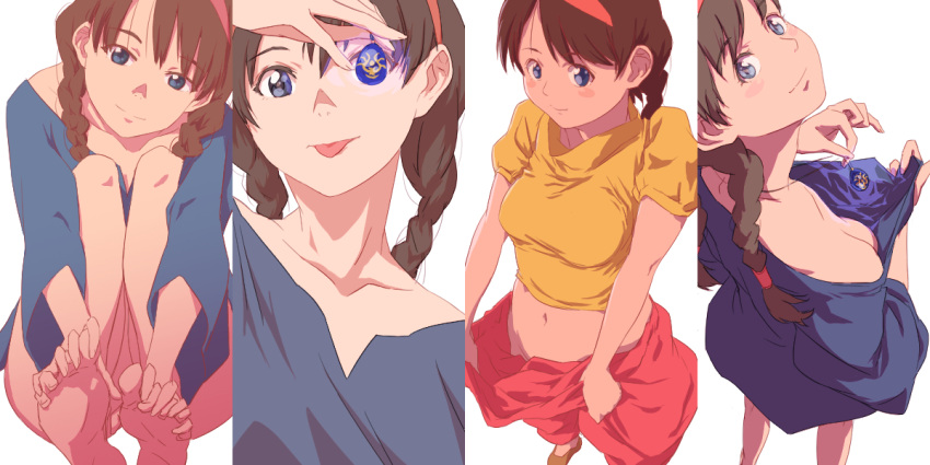 1girl aoi_nori_(aoicoblue) barefoot blue_eyes blush_stickers braid breasts brown_hair closed_mouth dress groin hairband jewelry long_hair looking_at_viewer midriff navel necklace sheeta simple_background smile solo tenkuu_no_shiro_laputa twin_braids white_background