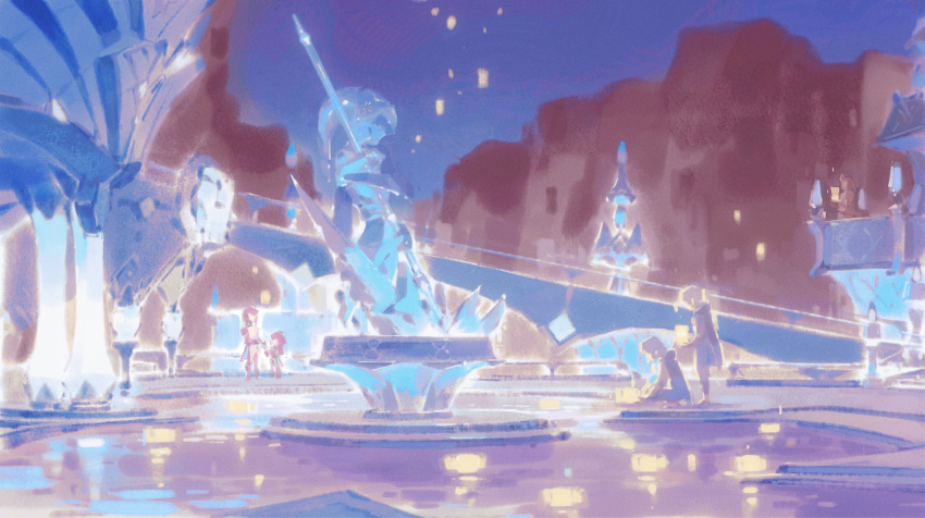 1boy 1girl 3others candle highres kchang57 lantern link mipha multiple_others night night_sky paper_lantern princess_zelda scenery sky squatting statue the_legend_of_zelda the_legend_of_zelda:_breath_of_the_wild zora