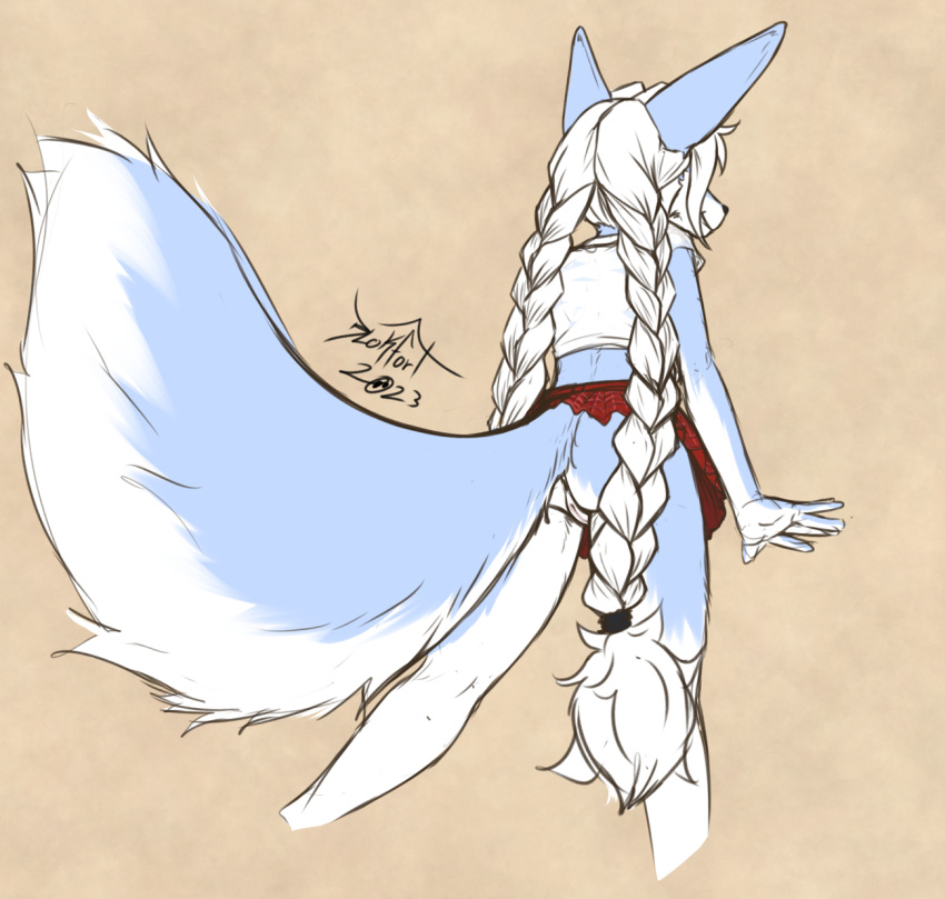 2023 anthro blokfort blue_body blue_fur bottomwear braided_hair canid canine clothing female fennec fox fur genitals hair hi_res kalta_(blokfort) low-angle_view mammal pussy simple_background sketch skirt solo standing white_body white_fur white_hair