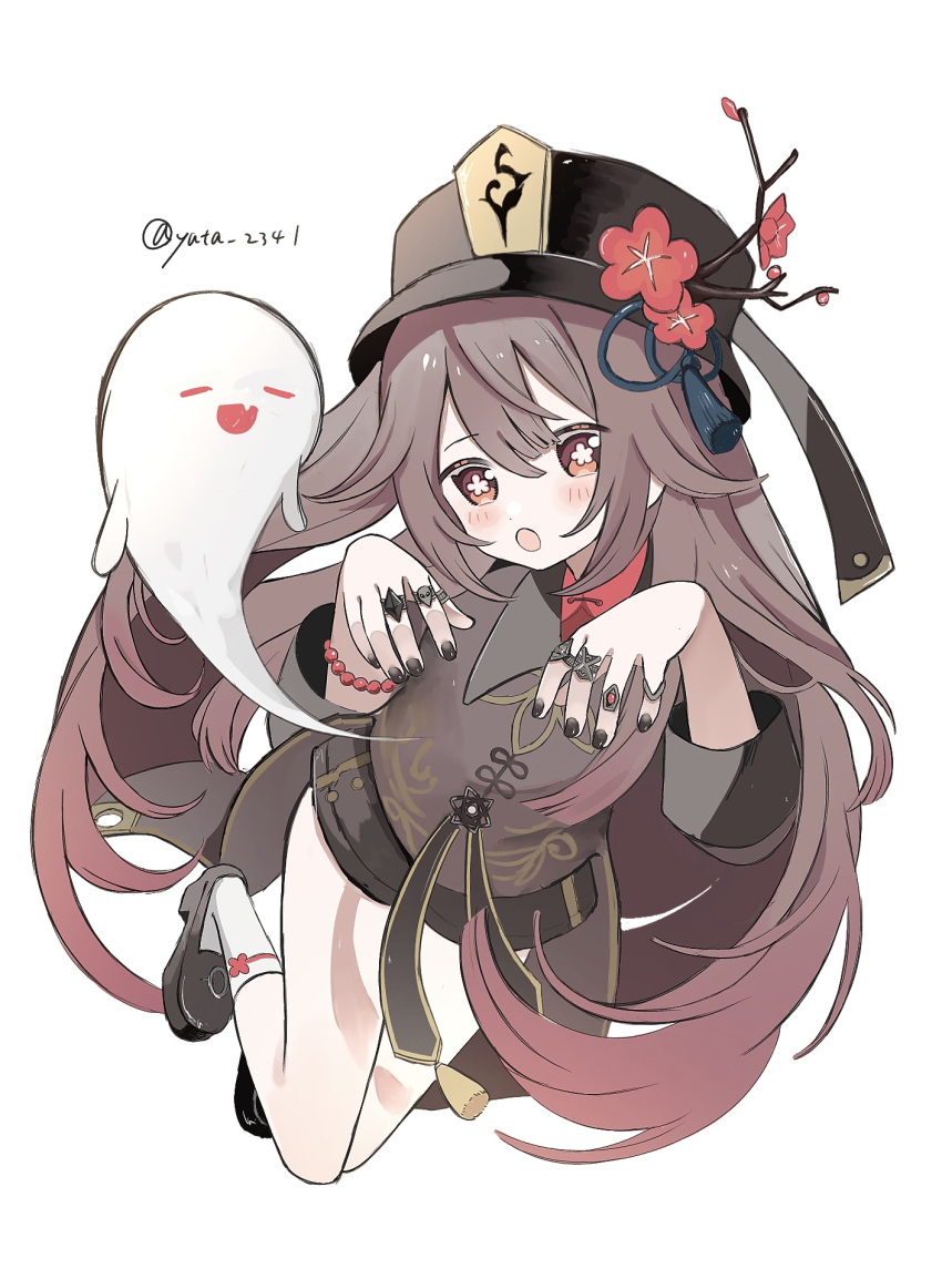 1girl :d :o =_= ankle_socks artist_name bead_bracelet beads black_headwear black_nails black_shorts blush boo_tao_(genshin_impact) bracelet branch brown_hair chinese_clothes coattails collared_coat commentary_request fang flat_chest flower flower-shaped_pupils full_body genshin_impact ghost ghost_pose hair_between_eyes hat hat_flower hat_tassel highres hu_tao_(genshin_impact) jewelry loafers long_hair long_sleeves looking_at_viewer multiple_rings open_mouth plum_blossoms porkpie_hat red_eyes ring shoes shorts simple_background skin_fang smile socks symbol-shaped_pupils tailcoat thighs thumb_ring twintails very_long_hair white_background white_socks yuta_2341