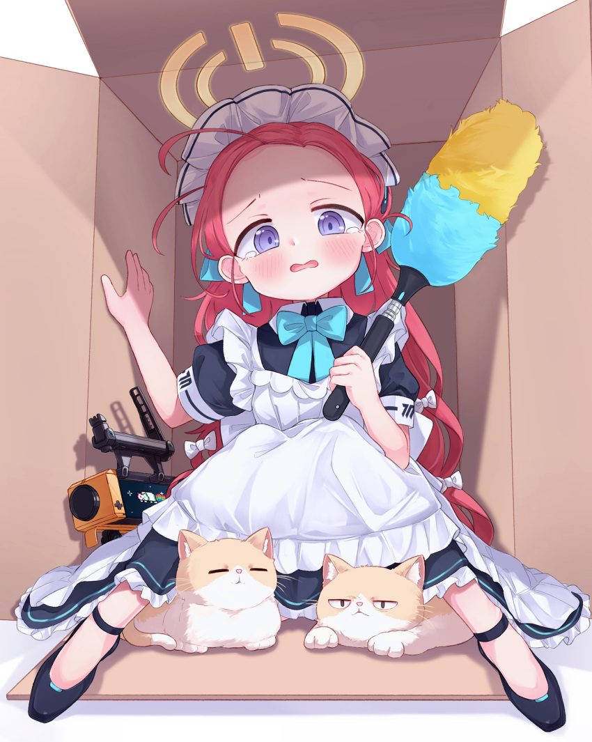 1girl apron black_dress black_footwear blue_archive blue_bow blue_bowtie blush bow bowtie box cardboard_box cat collared_dress commentary dress duster forehead frilled_apron frilled_dress frills full_body grenade_launcher gun hair_bow halo highres holding holding_duster in_box in_container jokebag knees_together_feet_apart maid maid_apron maid_headdress multiple_hair_bows official_alternate_costume open_mouth puffy_short_sleeves puffy_sleeves purple_eyes red_hair short_sleeves solo tearing_up weapon white_apron white_bow yellow_halo yuzu_(blue_archive) yuzu_(maid)_(blue_archive)