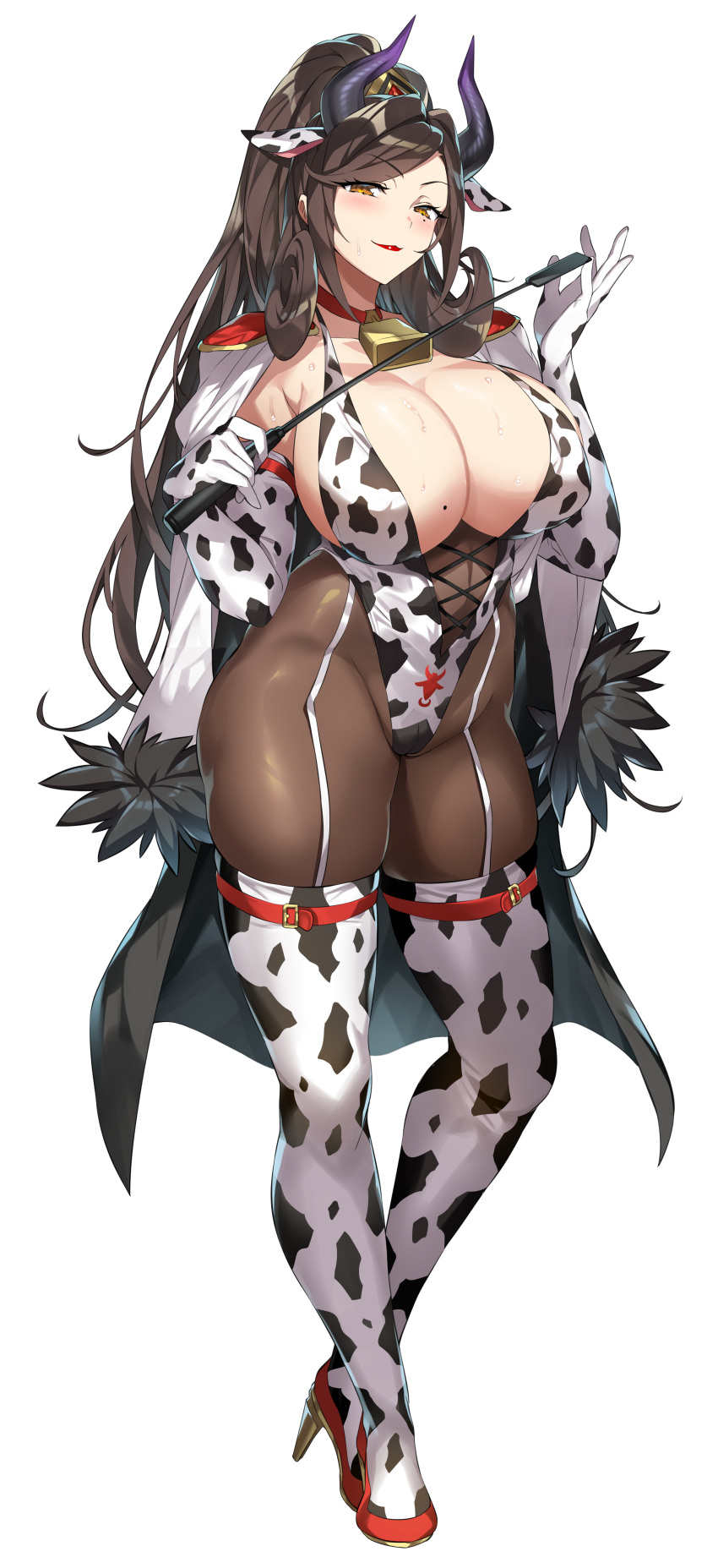 1girl absurdres animal_print black_hair black_pantyhose blush breasts bunnystein_fantasy cleavage closed_mouth cow_print elbow_gloves full_body gloves high_heels highleg highleg_leotard highres holding large_breasts leotard looking_at_viewer mole mole_on_breast pantyhose ponytail senri_gan sideboob simple_background smile sweat thighhighs thighs tomeko_(senri_gan) white_background