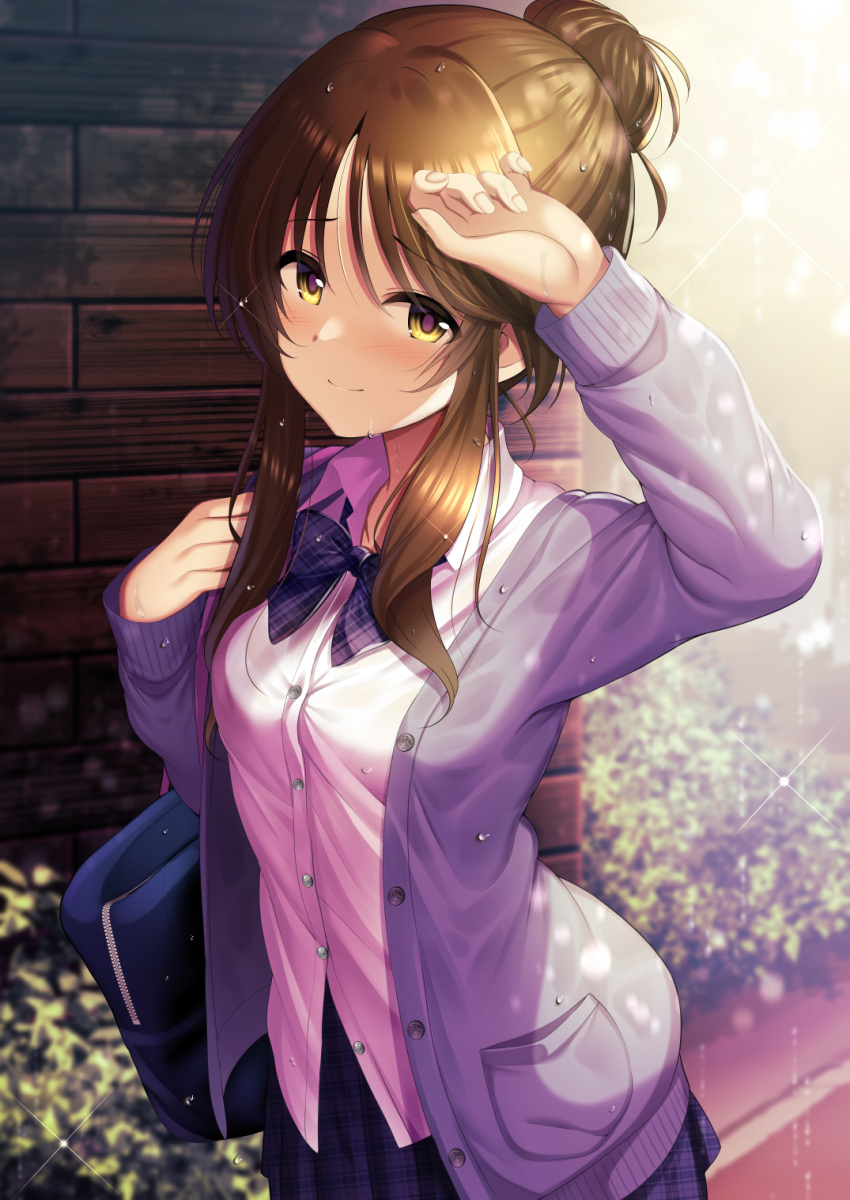 1girl bag blue_skirt blurry blush bow bowtie breasts brown_hair cardigan hair_bun highres idolmaster idolmaster_cinderella_girls long_sleeves looking_at_viewer ment plaid plaid_skirt pleated_skirt purple_cardigan red_bow red_bowtie school_bag shirt sidelocks single_hair_bun skirt small_breasts smile solo takamori_aiko wet wet_clothes wet_hair white_shirt