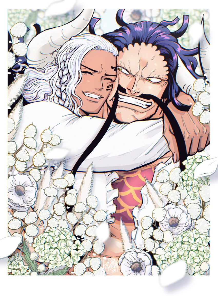 2boys asymmetrical_hair black_hair braid chest_tattoo closed_eyes curled_horns facial_hair facial_tattoo flower goatee highres horns hug kaidou_(one_piece) king_(one_piece) long_hair looking_at_another male_focus multiple_boys muscular muscular_male mustache one_piece shirt smile tattoo teeth too_many_flowers upper_body white_flower white_hair white_shirt yellow_eyes zht_2k