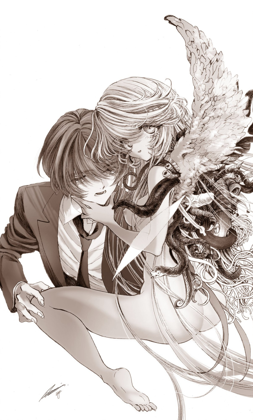 1boy 1girl angel_wings ass aya_carmine body_horror clothed_male_nude_female collared_shirt cropped_torso flower_wings formal greyscale hand_on_another's_chin hetero highres hitomi_hirosuke_(sayonara_wo_oshiete) leaf_wings long_hair looking_at_viewer mismatched_wings monochrome necktie nude open_mouth plant_wings sayonara_wo_oshiete shirt simple_background sitting smile snake sugamo_mutsuki suit tendril tentacles very_long_hair wariza white_background wings