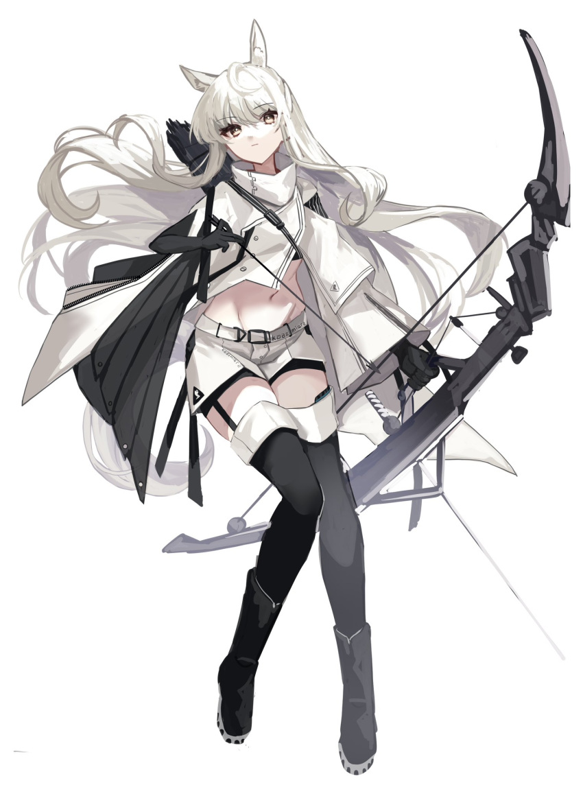 1girl animal_ear_fluff animal_ears arknights arrow_(projectile) black_footwear black_gloves black_thighhighs boots bow_(weapon) brown_eyes closed_mouth commentary_request elbow_gloves full_body gloves gomago_magoma groin hair_between_eyes highres holding holding_arrow holding_bow_(weapon) holding_weapon jacket long_hair navel platinum_(arknights) quiver short_shorts shorts simple_background solo thighhighs thighhighs_under_boots very_long_hair weapon white_background white_hair white_jacket white_shorts