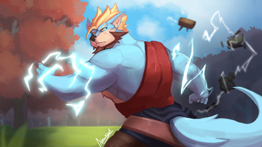 adrovmike adrovmike_art anthro biceps canid canine canis clothing digital_media_(artwork) dynamic human humanoid male male/male mammal muscular muscular_anthro muscular_male solo solo_focus splash wolf