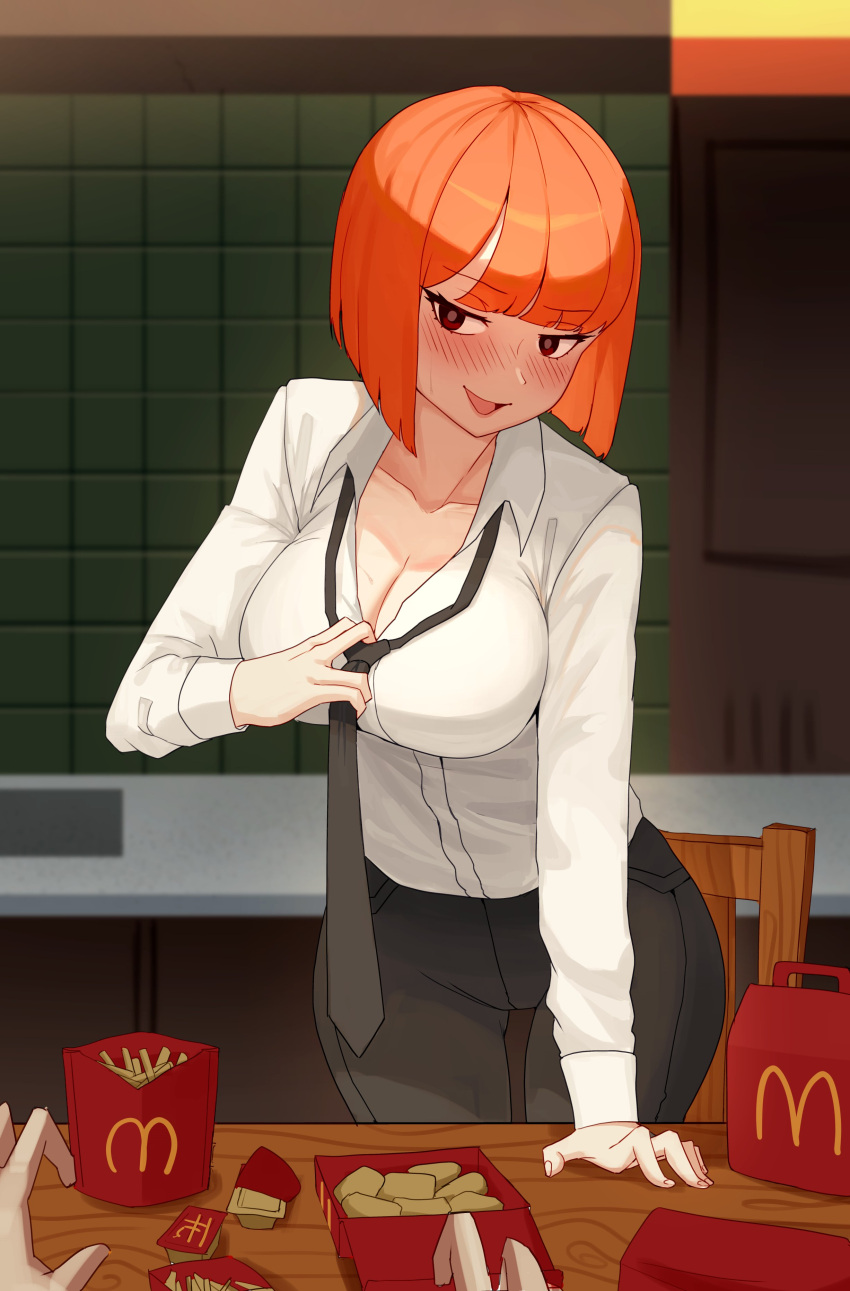 1boy absurdres black_necktie black_pants blush breasts brown_eyes chicken_nuggets cleavage collared_shirt food french_fries highres indoors large_breasts looking_at_viewer mcdonald's mother_(yoru_mac) necktie open_mouth orange_hair pants rajah_(rajah_etc) sauce_packet shirt smile standing white_shirt yoru_mac