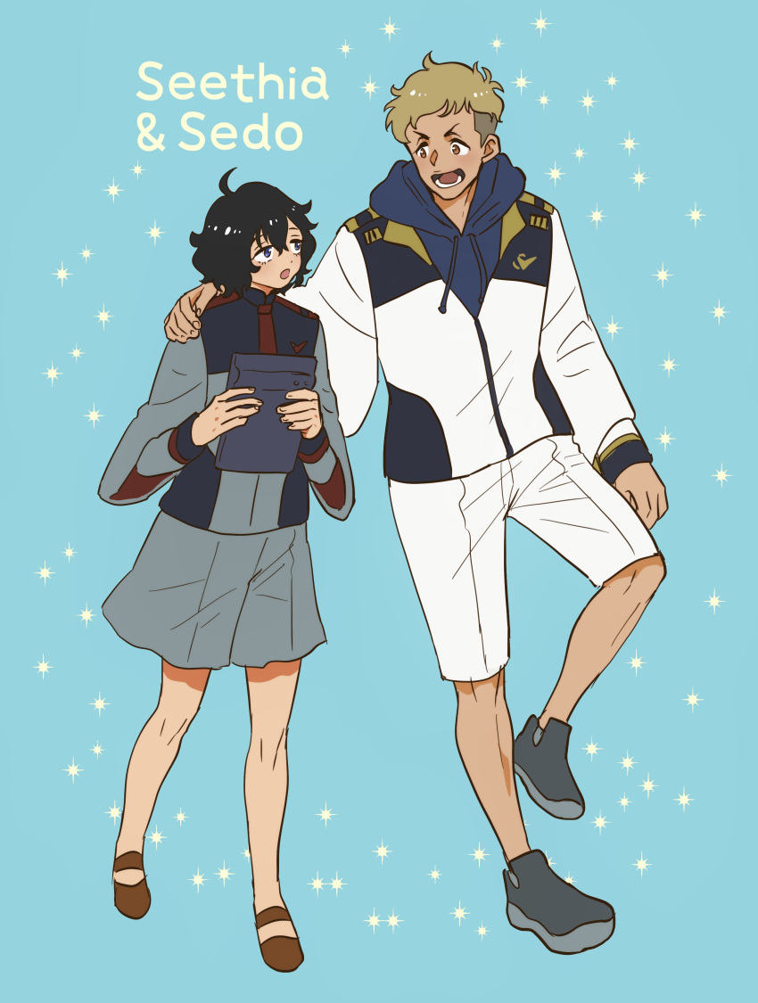 1boy 1girl absurdres asticassia_school_uniform black_hair blonde_hair blue_background blue_eyes blue_hoodie brown_footwear character_name commentary eye_contact full_body grey_jacket grey_shorts gundam gundam_suisei_no_majo hand_on_another's_shoulder highres holding holding_tablet_pc hood hood_down hoodie jacket long_sleeves looking_at_another michiru_(gakuranz) open_mouth school_uniform sedo_(gundam) seethia_(gundam) shoes short_hair shorts smile standing tablet_pc v-shaped_eyebrows white_jacket white_shorts wide_sleeves yellow_eyes