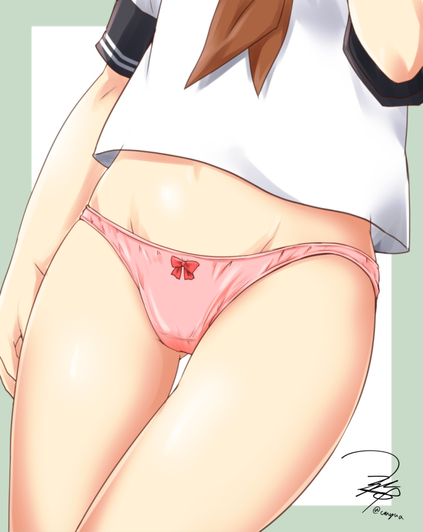 1girl artist_name bow bow_panties close-up commentary_request crotch_seam groin highres inazuma_(kancolle) kantai_collection navel neckerchief no_pants panties partial_commentary pink_panties red_neckerchief shirt short_sleeves signature solo standing thigh_gap twitter_username underwear white_shirt yua_(checkmate)