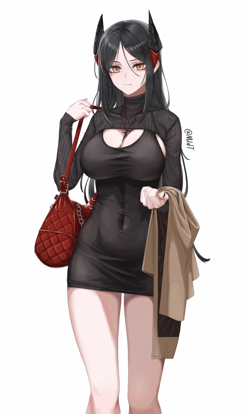 1girl absurdres alternate_costume arknights bag black_dress black_hair breasts cleavage commentary covered_navel dress feet_out_of_frame handbag highres horns ines_(arknights) jewelry large_breasts long_hair long_sleeves mildt pencil_dress pendant short_dress shrug_(clothing) solo standing thighs turtleneck very_long_hair yellow_eyes