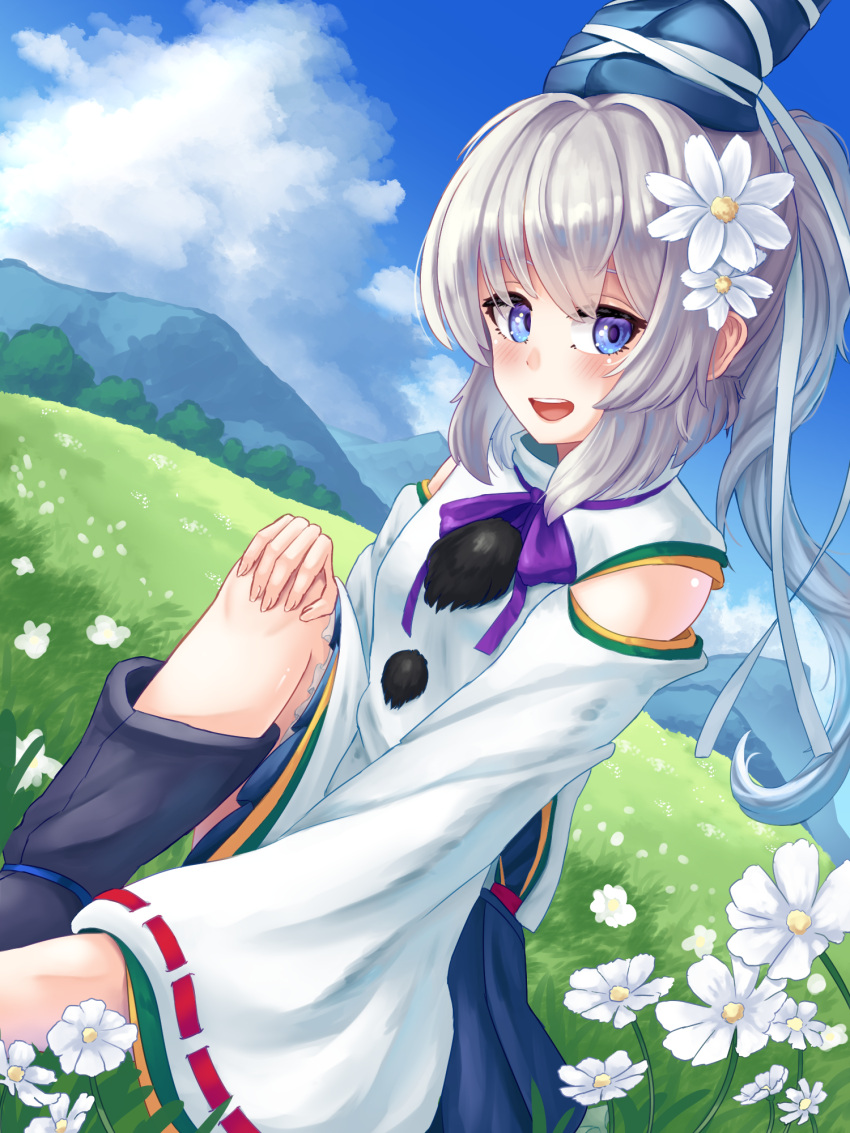 1girl black_footwear blue_eyes blue_headwear blue_skirt blue_sky blush boots bow bowtie breasts cloud commentary day fingernails flower foot_out_of_frame grass grey_hair hand_on_own_knee hat highres japanese_clothes kariginu long_hair long_sleeves looking_at_viewer medium_bangs mononobe_no_futo open_mouth outdoors pom_pom_(clothes) ponytail purple_bow purple_bowtie pygrenix ribbon-trimmed_sleeves ribbon_trim skirt sky small_breasts solo tate_eboshi teeth touhou tree upper_teeth_only white_flower wide_sleeves