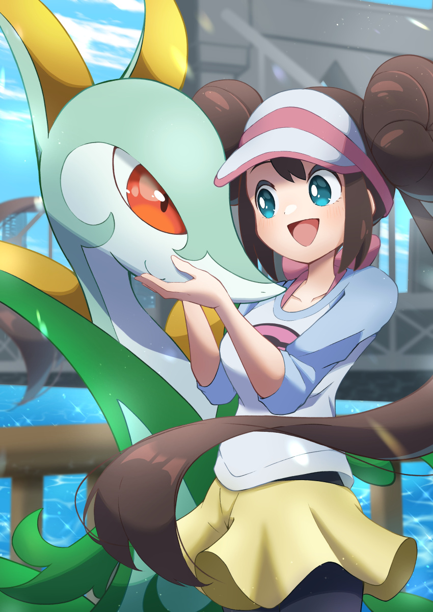 1girl absurdres aqua_eyes black_pantyhose bridge brown_hair double_bun doughnut_hair_bun hair_bun happy highres holding_another's_head long_hair open_mouth outdoors pantyhose pantyhose_under_shorts pokemon pokemon_(creature) pokemon_(game) pokemon_bw2 refisa rosa_(pokemon) serperior shirt short_shorts shorts twintails visor_cap yellow_shorts