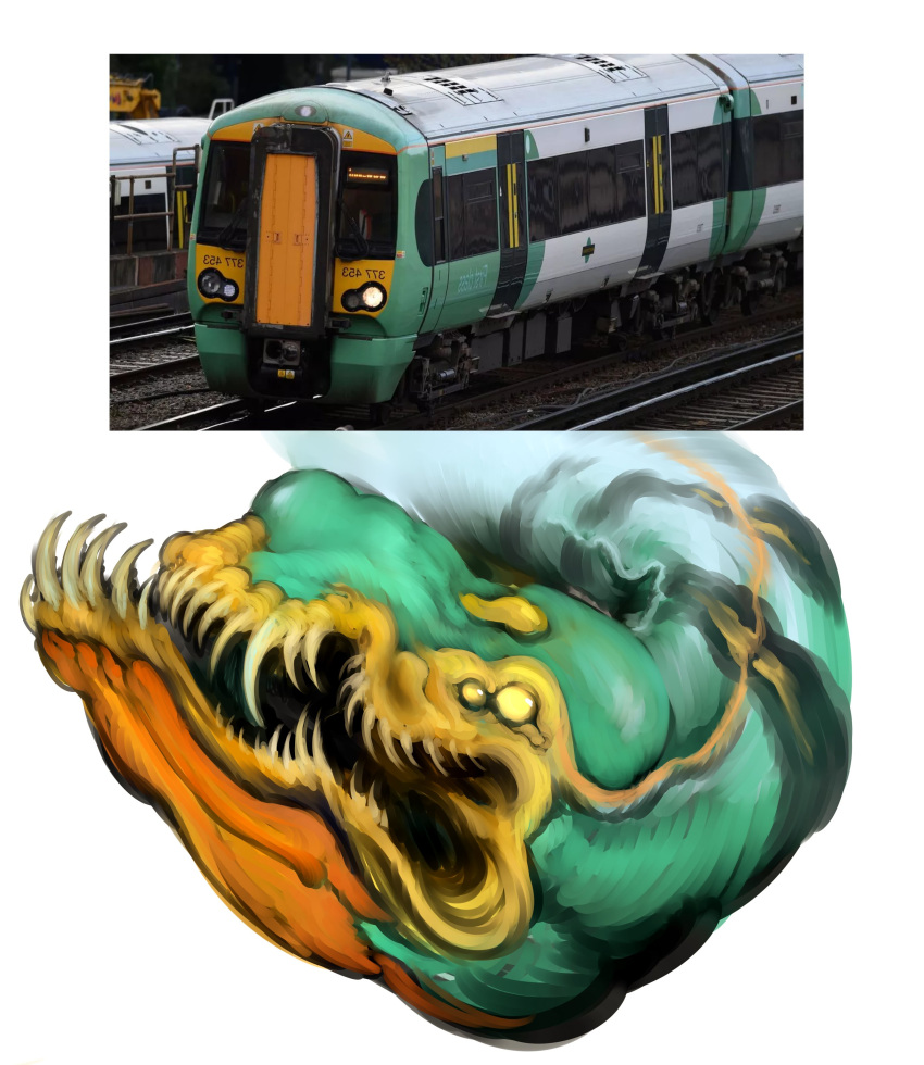 2023 4_eyes absurd_res ambiguous_gender big_teeth black_mouth bombardier bombardier_electrostar british_rail british_rail_class_377_electrostar bulbous_nose digital_media_(artwork) digital_painting_(artwork) dragon electric_locomotive empty_eyes exposed_teeth fangs feral glistening glistening_body green_body headshot_portrait hi_res how_to_dragon_your_train hybrid jagged_mouth living_machine living_train living_vehicle locomorph locomotive machine markings meme monotone_body monster multi_eye open_mouth photo portrait reference_image reptile scalie scary serpentine sharp_teeth simple_background solo southern_(british_railway) stripes teeth train underbite vehicle white_background witnesstheabsurd yellow_eyes yellow_markings yellow_stripes yellow_teeth