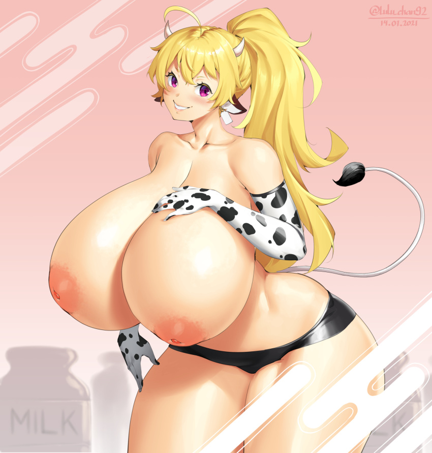 1girl alternate_breast_size animal_ears animal_print blonde_hair breasts cleavage cow_ears cow_girl cow_horns cow_print cow_tail curvy dated elbow_gloves english_text gigantic_breasts gloves highres horns lulu-chan92 nipples original purple_eyes rwby smile solo tail thick_thighs thighs topless twitter_username wide_hips yang_xiao_long