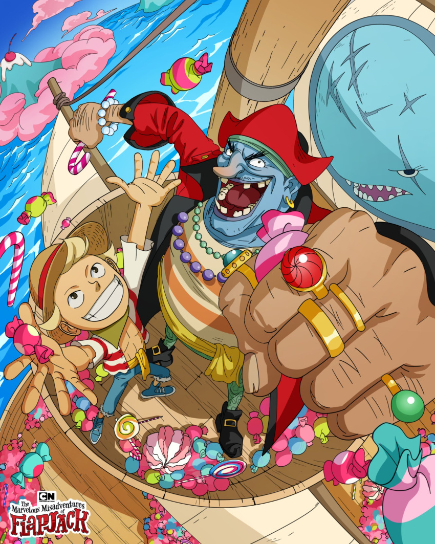 2boys animalization artist_request candy cartoon_network character_request child commentary commission cosplay crossover english_commentary flapjack_(the_marvelous_misadventures_of_flapjack) food hat highres jewelry logo looking_up monkey_d._luffy monkey_d._luffy_(cosplay) multiple_boys one_piece ring second-party_source straw_hat teeth the_marvelous_misadventures_of_flapjack