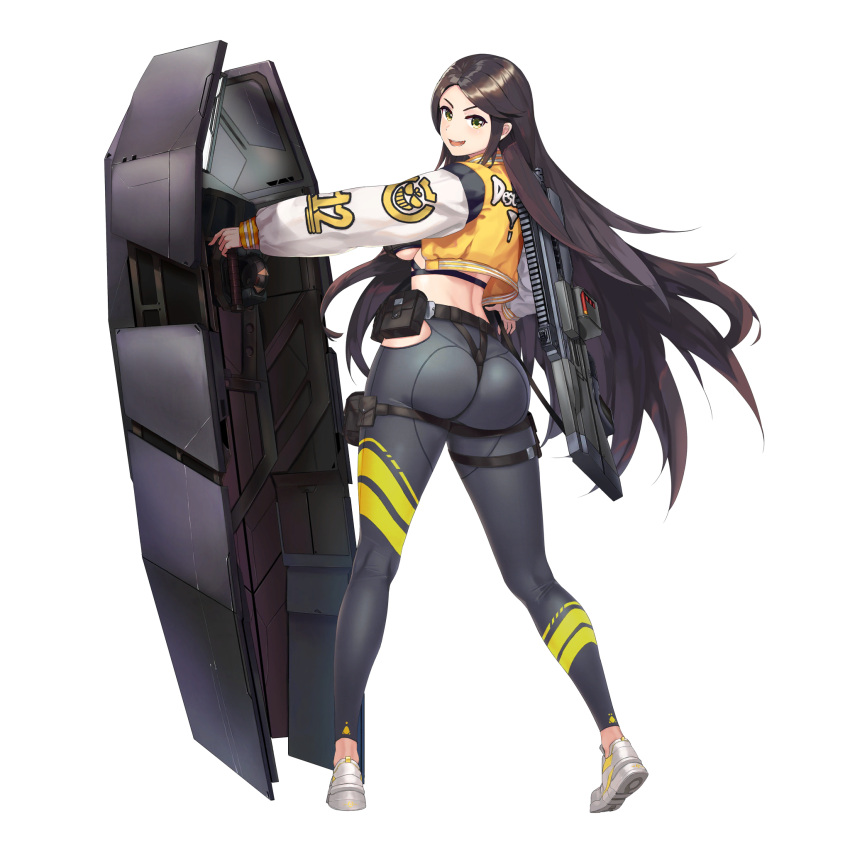 1girl ass ballistic_shield belt belt_pouch black_belt black_bra bra breasts brown_hair d-log english_text fang full_body game_cg green_eyes grey_leggings highres holding holding_shield huge_ass jacket last_origin leg_belt leggings letterman_jacket long_hair looking_at_viewer looking_back median_furrow official_alternate_costume official_art open_clothes open_jacket open_mouth pouch shield shoes sidelocks simple_background skin_tight smile solo sports_bra standing steel_draco_(last_origin) striped_leggings tachi-e thigh_belt thigh_strap transparent_background underboob underwear utility_belt very_long_hair wedgie white_footwear white_jacket yellow_jacket