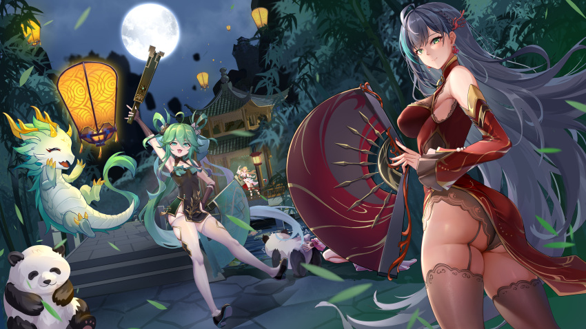 4girls absurdres ahoge animal arm_up armpits ass bare_shoulders black_dress black_hair braid breasts brown_thighhighs china_dress chinese_clothes closed_mouth creature detached_sleeves dragon dress feise_(tower_of_fantasy) folding_fan from_behind full_moon garter_belt gold_trim green_eyes green_hair hand_fan highres holding holding_fan lan_(tower_of_fantasy) lantern large_breasts lazgear lin_(tower_of_fantasy) long_hair long_sleeves looking_at_viewer looking_back mimi_(tower_of_fantasy) mole mole_under_eye moon multicolored_hair multiple_girls night official_alternate_costume outdoors panda paper_lantern pelvic_curtain red_dress shoes short_dress skindentation sleeveless sleeveless_dress streaked_hair thighhighs thighs tower_of_fantasy very_long_hair white_thighhighs