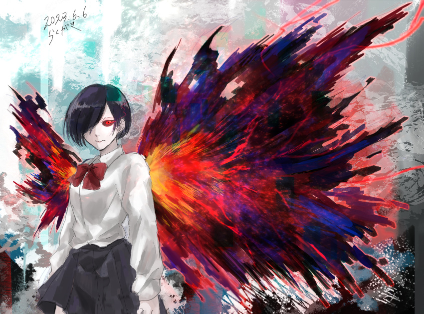 1girl absurdres arms_at_sides asymmetrical_wings black_hair black_sclera black_skirt bow bowtie colored_sclera colorful cowboy_shot grey_shirt hair_over_one_eye highres kanzaki_shiori_(shioshio_hato) kirishima_touka long_sleeves multicolored_background multicolored_wings red_bow red_bowtie red_eyes shirt short_hair skirt solo tokyo_ghoul wings