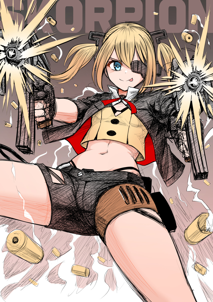 1girl absurdres black_gloves blonde_hair blue_eyes breasts casing_ejection character_name commentary english_commentary eyepatch firing firing_at_viewer girls'_frontline gloves gun highres holding holding_gun holding_weapon jacket long_hair looking_at_viewer machine_pistol midriff navel partially_fingerless_gloves senpaihawkkun shell_casing shorts skorpion_(girls'_frontline) skorpion_vz._61 small_breasts smile solo spread_legs submachine_gun tongue tongue_out twintails weapon