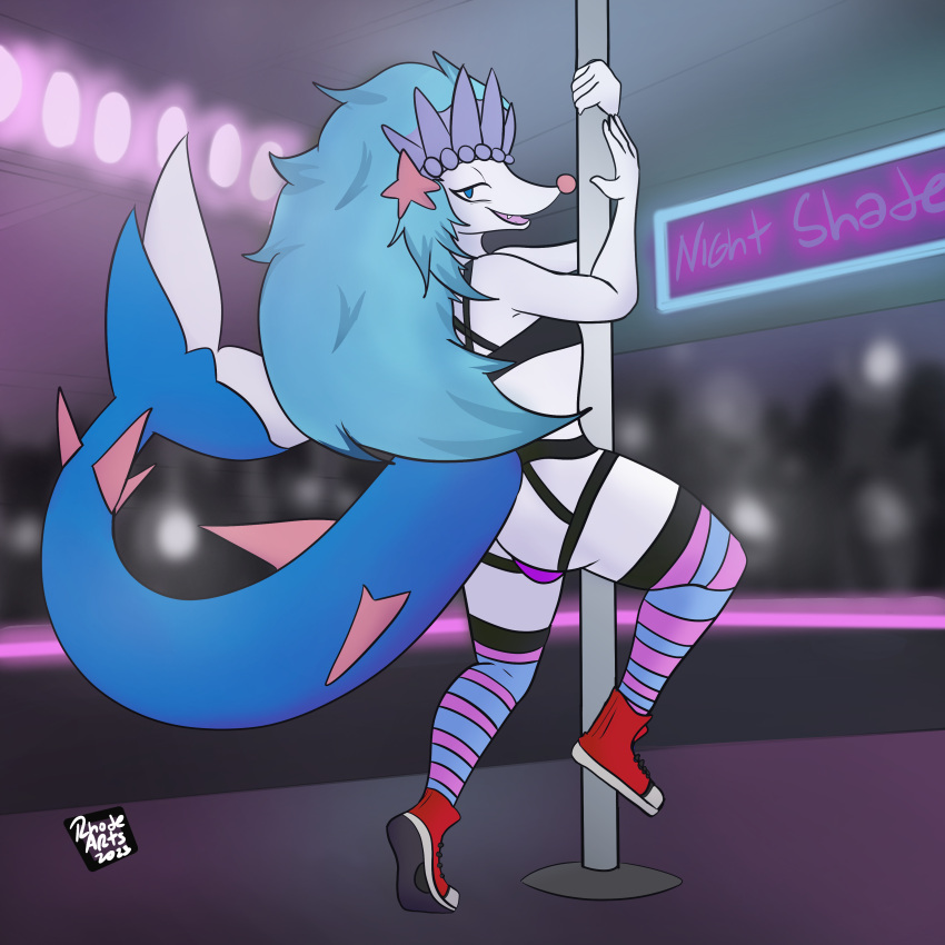 absurd_res anthro asterozoan bar big_butt blue_hair bra butt clothing dancing echinoderm footwear generation_7_pokemon girly hair hi_res jockstrap legwear male mammal marine neptune_(rhode_arts) nightclub nintendo piniped pinniped pokemon pokemon_(species) pole pole_dancing primarina public public_show rhode_arts sea_lion seal shoes show smile smiling_at_viewer solo starfish stockings tail topwear underwear white_body white_skin