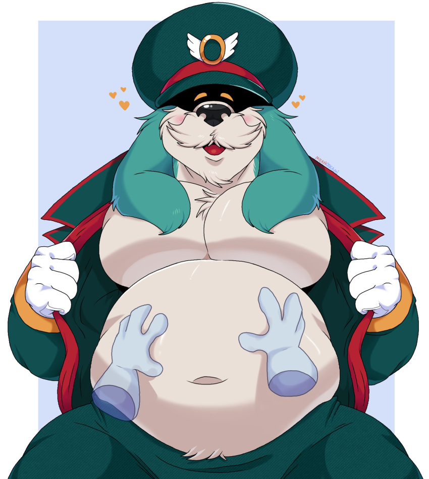 &lt;3 anthro belly belly_rub blush canid canine canis clothed clothing conductor_(sonic) disembodied_hand domestic_dog facial_hair floppy_ears fur green_body green_fur hat headgear headwear hi_res male mammal mature_male meanookami mustache navel open_clothing open_shirt open_topwear overweight sega shadowed_face shirt sonic_the_hedgehog_(series) the_murder_of_sonic_the_hedgehog topwear
