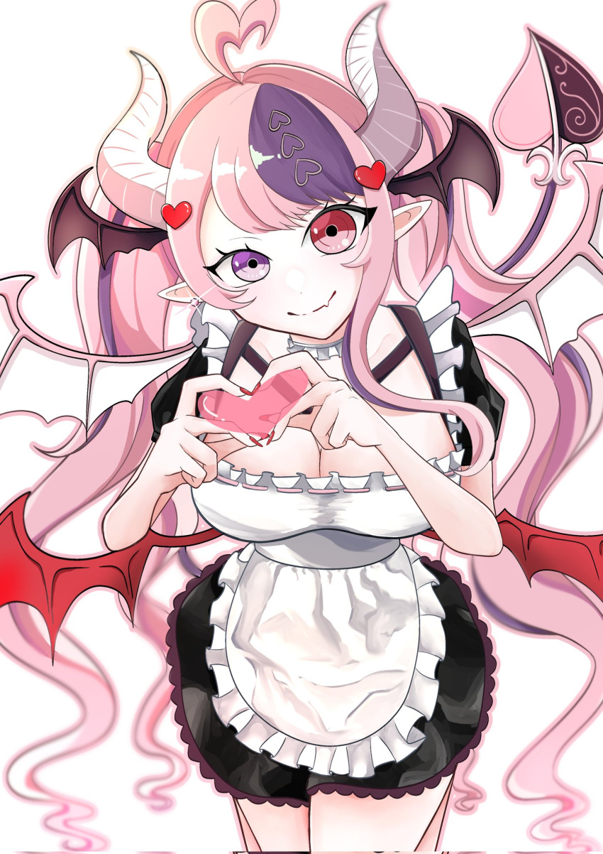 1girl ahoge apron breasts cleavage demon_girl demon_horns demon_tail demon_wings fang hair_ornament head_wings heart heart_ahoge heart_hair_ornament heart_hands heterochromia highres horns ironmouse large_breasts long_hair looking_at_viewer low_wings maid maid_apron maid_day multicolored_hair nail_polish pink_eyes pink_hair pointy_ears purple_hair red_eyes red_nails skin_fang smile solo soraumi2000_50 streaked_hair tail virtual_youtuber vshojo wings