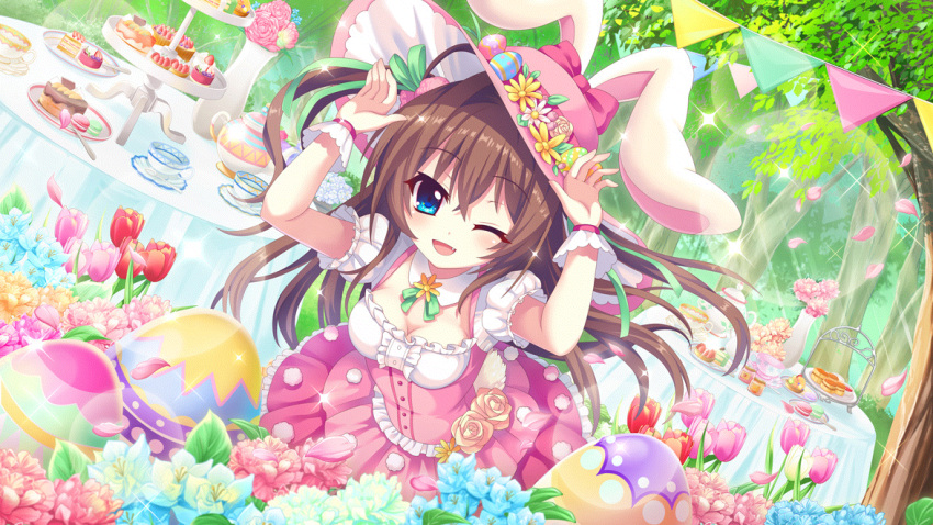 1girl animal_ears blue_eyes blue_flower breasts brown_hair cleavage collar cup cupcake detached_collar dot_nose dress dutch_angle easter easter_egg egg fang film_grain flower flower_request food frilled_dress frills fruit_tart game_cg green_ribbon hair_ribbon hands_up hat hat_flower hat_ornament izumi_tsubasu lens_flare long_hair lop_rabbit_ears macaron medium_breasts non-web_source official_art one_eye_closed open_mouth petals pink_dress pink_flower pink_headwear pink_rose pink_skirt puffy_short_sleeves puffy_sleeves rabbit_ears re:stage! red_flower ribbon rose round_table shikimiya_aone short_sleeves skirt smile solo sparkle string_of_flags table tablecloth tart_(food) teacup teapot tree tulip two_side_up underbust vase white_collar white_wrist_cuffs wide_brim wrist_cuffs