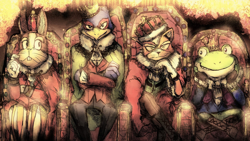 anthro avian bird boots canid canine cape chair clothing crown falco_lombardi footwear fox fox_mccloud furniture gloves group hand_on_chin handwear headgear hi_res katamichi king lagomorph leporid male mammal nintendo peppy_hare rabbit regalia royalty sitting slippy_toad smile star_fox throne