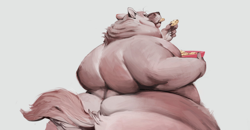 anthro back_fat belly big_butt bowl butt canid canine chubby_cheeks claws container cookie eating fat_rolls food food_in_mouth fur grey_body grey_fur holding_bowl holding_container holding_cookie holding_food holding_object huge_butt looking_back male mammal moobs nude obese obese_anthro obese_male overweight overweight_anthro overweight_male pearybear rear_view solo wide_hips