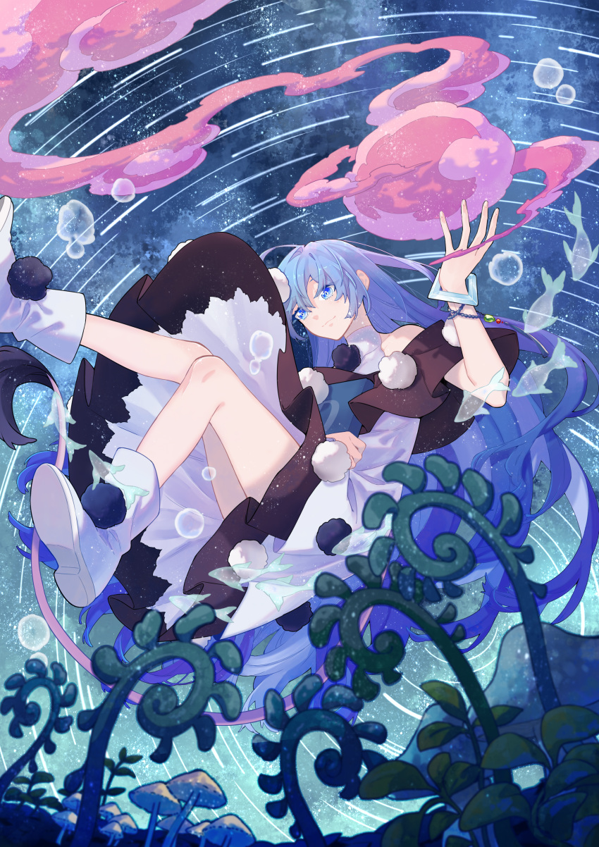 1girl absurdres black_capelet blob blue_eyes blue_hair book boots capelet closed_mouth doremy_sweet dream_soul dress highres holding holding_book ko_kita long_hair multicolored_clothes multicolored_dress mushroom no_headwear pom_pom_(clothes) solo touhou white_footwear