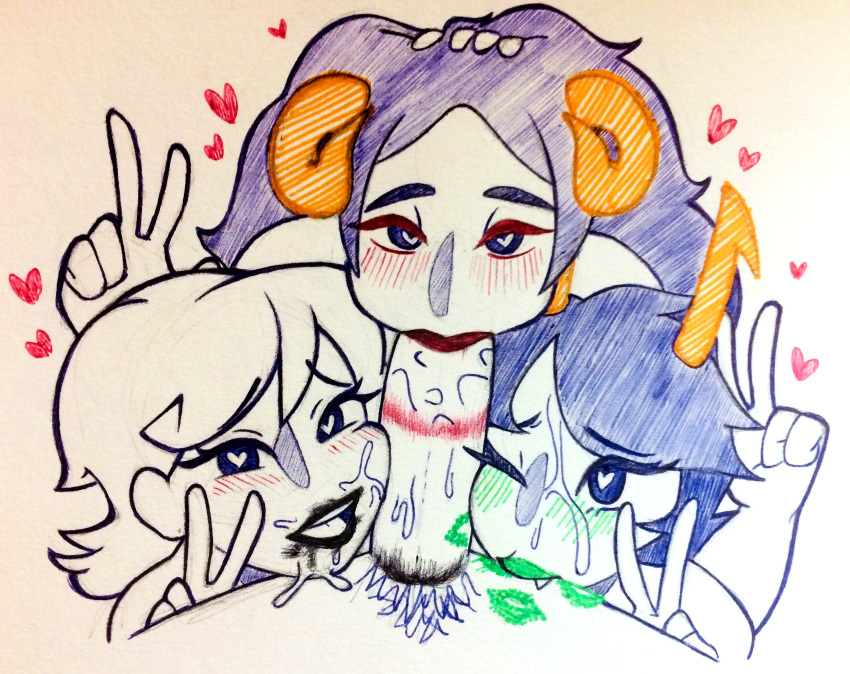 1boy 3girls :&gt;= alien aradia_megido black_hair black_lips blush colored_eyelashes colored_skin cooperative_fellatio curled_horns double_v eyelashes fang fellatio green_lips hands_on_another's_head heart heart-shaped_pupils highres homestuck horns kanaya_maryam lipstick lipstick_mark lipstick_mark_on_penis lipstick_ring long_hair looking_at_viewer makeup male_pubic_hair marker_(medium) multiple_girls nose_shade one_eye_closed oral pen_(medium) pov pov_crotch pubic_hair red_lips redskinnedmess roxy_lalonde saliva saliva_drip saliva_on_penis short_hair sidelocks sketch smeared_lipstick symbol-shaped_pupils teeth traditional_media troll_(homestuck) upper_teeth_only v white_hair white_skin