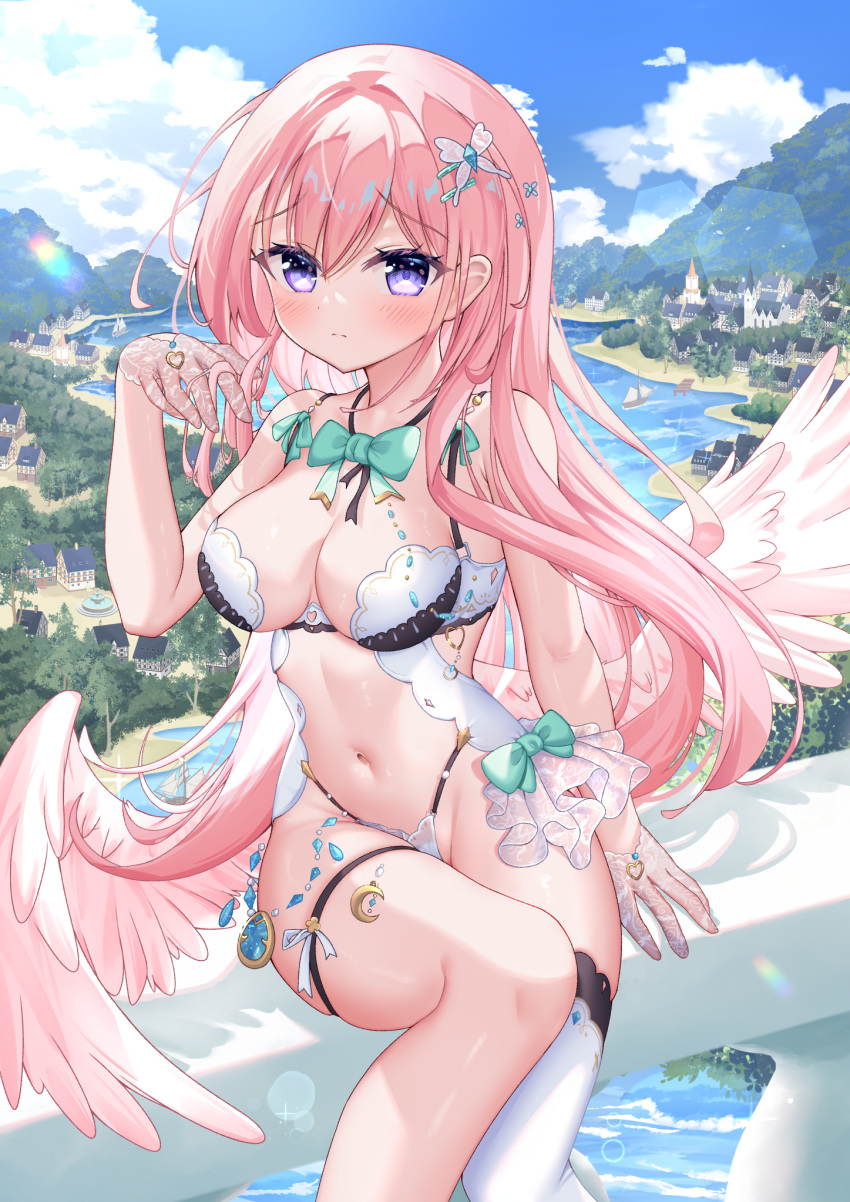 1girl angel_wings bare_shoulders bikini bikini_bottom_only bow bowtie breasts center_opening cleavage closed_mouth day feathered_wings gloves hair_ornament hairclip hand_up highres hiyada_yuu long_hair looking_at_viewer medium_breasts navel original outdoors pink_hair purple_eyes revealing_clothes single_thighhigh sitting solo stomach string_bikini swimsuit thigh_strap thighhighs thighs very_long_hair white_bikini white_thighhighs wings