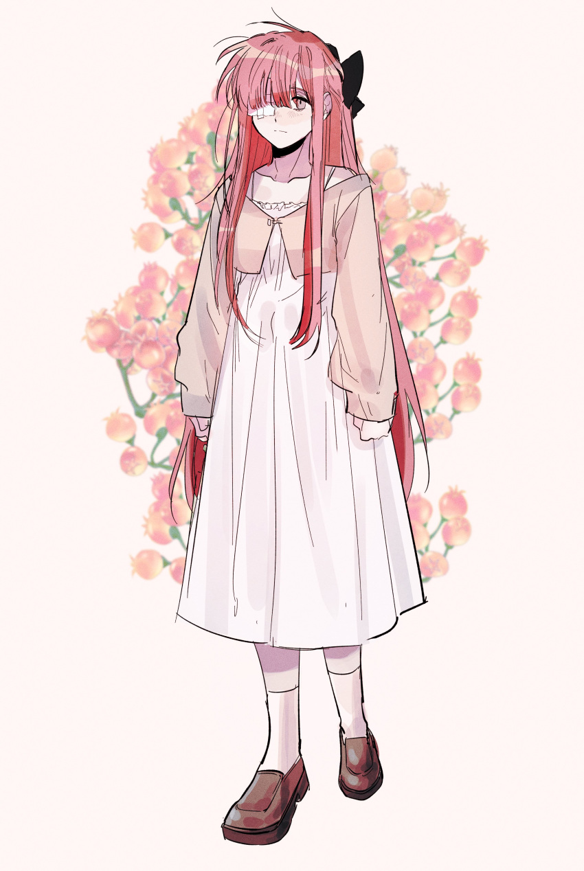 1girl absurdres berry black_bow bow brown_footwear dress full_body gauze hair_bow highres jacket limbus_company loafers long_hair long_sleeves pink_hair pink_jacket project_moon shoes socks solo very_long_hair vvindyday white_dress white_socks yuri_(limbus_company)