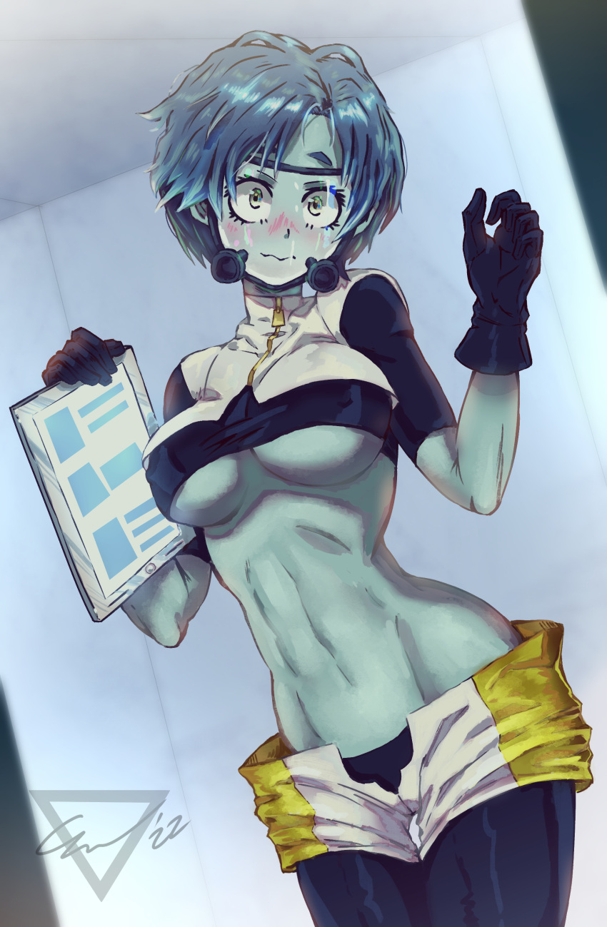 1girl abs absurdres artist_logo artist_name black_gloves black_leggings black_shirt blue_hair blue_skin blush boku_no_hero_academia breasts bubble_girl_(boku_no_hero_academia) closed_mouth colored_skin commentary cowboy_shot crop_top cropped_jacket curled_fingers dated diving_mask dutch_angle embarrassed ethan_wylie eyelashes gloves goggles grey_eyes groin head_tilt highres hip_focus holding holding_tablet_pc indoors jacket large_breasts leggings leggings_under_shorts looking_at_viewer lowleg midriff navel open_fly shirt short_eyebrows short_hair short_shorts short_sleeves shorts signature sleeveless sleeveless_jacket solo standing stomach tablet_pc thick_eyebrows toned two-tone_shorts underboob very_short_hair w_arms wavy_mouth white_jacket white_shorts yellow_shorts zipper zipper_pull_tab