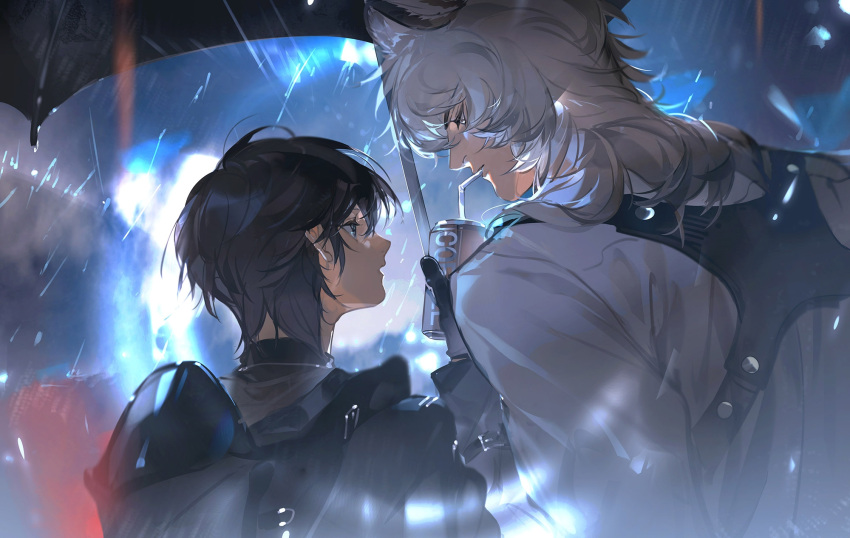 2boys akai_999 animal_ear_fluff animal_ears arknights black_gloves black_hair blue_eyes can chinese_commentary commentary_request doctor_(arknights) drinking_straw drinking_straw_in_mouth eye_contact from_behind gloves grey_eyes highres holding holding_can holding_umbrella hood hood_down hooded_coat leopard_boy leopard_ears long_sleeves looking_at_another male_doctor_(arknights) medium_hair multiple_boys night open_mouth outdoors profile rain shirt short_hair silverash_(arknights) soda_can umbrella upper_body white_hair white_shirt yaoi