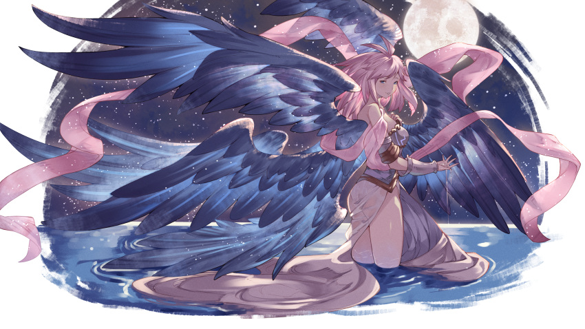 1girl arm_guards ayacho blue_eyes blue_wings breasts character_request copyright_request cupping_hand dress from_side full_moon hagoromo hand_on_own_chest highres looking_at_viewer medium_breasts medium_hair moon night night_sky parted_lips pink_hair pink_shawl shawl sky solo turning_head wading water wet wet_clothes white_dress wings