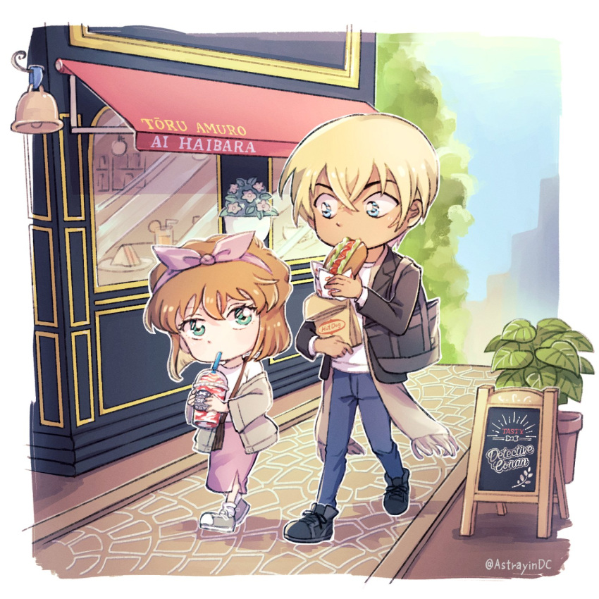 1boy 1girl amuro_tooru astrayin bag black_footwear black_jacket blonde_hair blue_pants brown_hair chibi child dark-skinned_male dark_skin day drinking_straw drinking_straw_in_mouth flower haibara_ai hair_between_eyes hairband highres holding hot_dog jacket looking_at_another meitantei_conan open_clothes open_jacket outdoors pants pink_hairband shirt short_hair shoulder_bag sideways_glance sign walking white_shirt