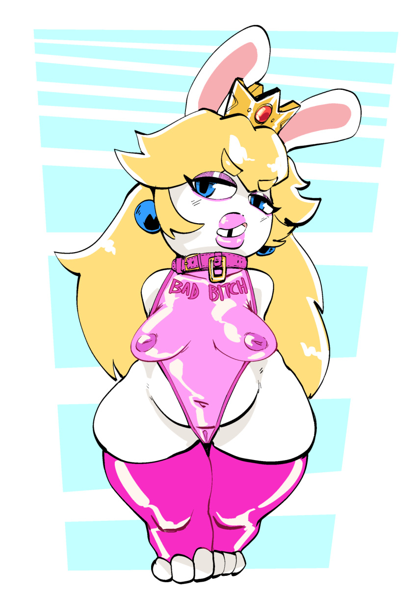 2023 anthro belly blonde_hair blue_eyes box_chan breasts clothing collar crossover crown female front_view full-length_portrait genitals hair hands_behind_back headgear hi_res lagomorph looking_at_viewer mammal mario_bros mario_plus_rabbids_kingdom_battle nintendo nipples portrait pussy rabbid rabbid_peach raving_rabbids rayman_(series) slightly_chubby solo standing thick_thighs toeless_legwear tooth_gap translucent translucent_clothing ubisoft white_body wide_hips