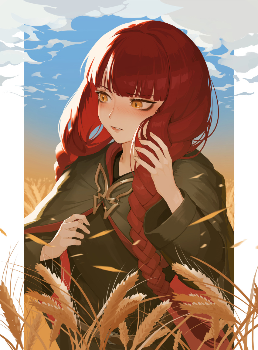 1girl absurdres blunt_bangs blush braid brooch butterfly_brooch capelet cloud fata_morgana_no_yakata highres iamc95 jewelry looking_to_the_side morgana_(fata_morgana_no_yakata) outdoors pillarboxed red_hair solo twin_braids upper_body wheat wheat_field yellow_eyes