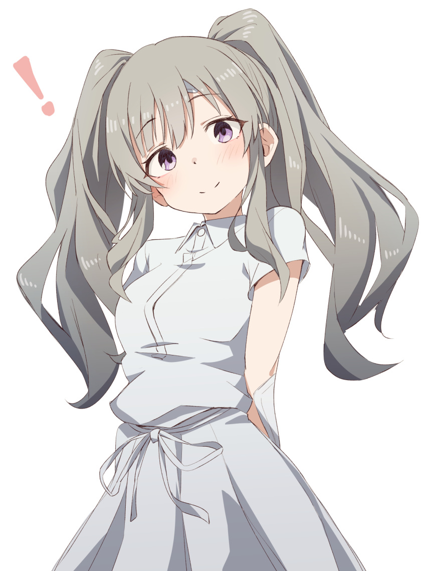 ! 1girl arms_behind_back blush closed_mouth collared_dress commentary_request cowboy_shot dress eito12 grey_hair hair_between_eyes head_tilt highres idolmaster idolmaster_shiny_colors long_hair looking_at_viewer purple_eyes short_sleeves sidelocks simple_background smile solo standing twintails wavy_hair white_background white_dress yukoku_kiriko