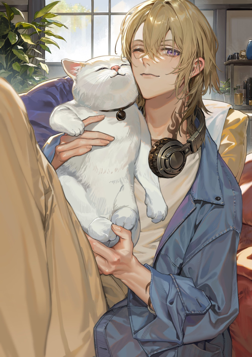 1boy :3 ;) animal arm_tattoo augustus_(luca_kaneshiro) blonde_hair blue_jacket blush brown_pants cat closed_mouth commentary cup denim denim_jacket hair_between_eyes hand_up headphones headphones_around_neck highres holding holding_animal holding_cat indoors jacket jar long_sleeves looking_at_viewer luca_kaneshiro male_focus medium_hair neck_tattoo nijisanji nijisanji_en one_eye_closed open_clothes open_jacket pants papa_(you_have_today) pillow plant potted_plant purple_eyes shelf shirt sidelocks sitting smile solo stuffed_animal stuffed_lion stuffed_toy tattoo vase virtual_youtuber white_cat white_shirt window