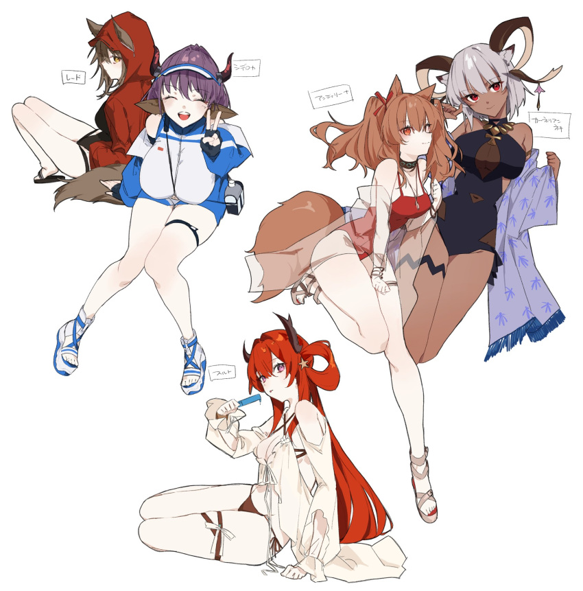 5girls angelina_(arknights) angelina_(summer_flowers)_(arknights) animal_ears arknights carnelian_(arknights) carnelian_(shimmering_dew)_(arknights) cow_ears cow_girl cow_horns dark-skinned_female dark_skin demon_girl demon_horns food fox_ears fox_girl fox_tail goat_ears goat_girl goat_horns goma_74umai highres holding holding_food hood horns infection_monitor_(arknights) multiple_girls official_alternate_costume popsicle projekt_red_(arknights) projekt_red_(light_breeze)_(arknights) sideroca_(arknights) sideroca_(light_breeze)_(arknights) slippers surtr_(arknights) surtr_(colorful_wonderland)_(arknights) swimsuit tail wolf_ears wolf_girl wolf_tail