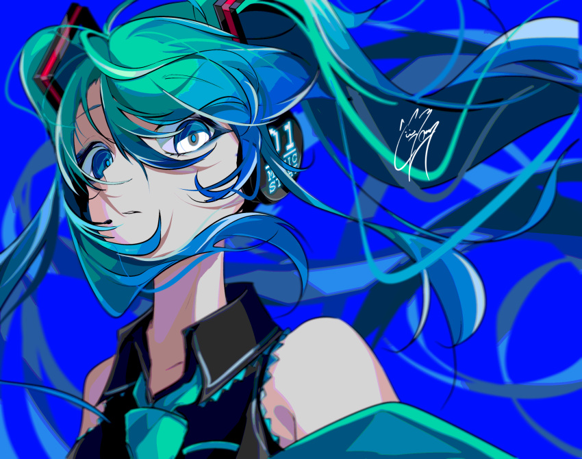 1girl alternate_color aqua_eyes aqua_hair bare_shoulders black_shirt blue_background blue_hair blue_pupils blurry blurry_foreground collarbone collared_shirt floating_hair goma_irasuto green_hair green_necktie hair_between_eyes hatsune_miku headphones highres long_hair looking_at_viewer looking_down messy_hair multicolored_hair necktie parted_lips ringed_eyes shade shirt sidelighting sidelocks sideways_glance signature simple_background single_horizontal_stripe sleeveless sleeveless_shirt solo streaked_hair swept_bangs tareme twintails upper_body very_long_hair vocaloid wide-eyed