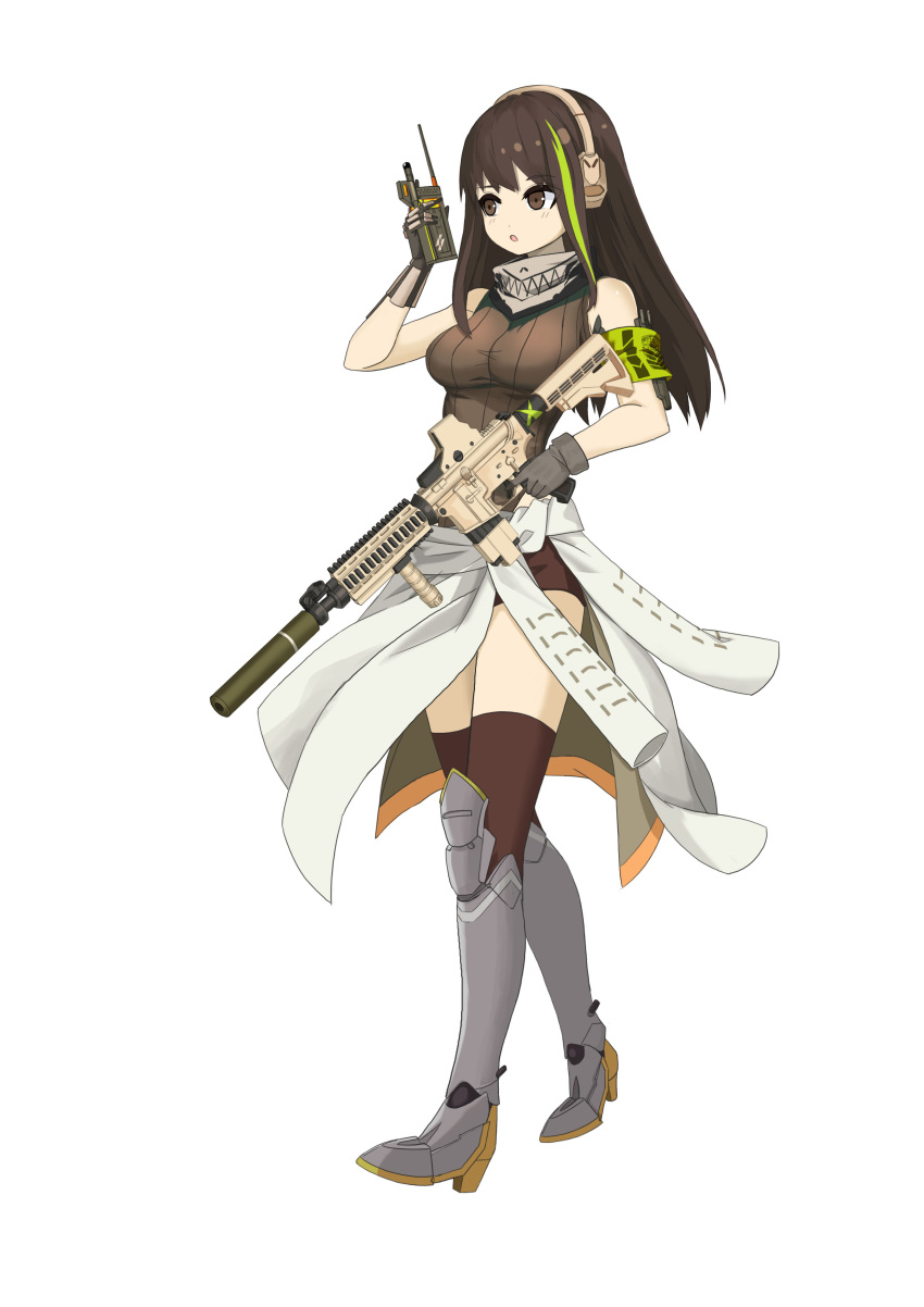 absurdres armored_boots assault_rifle boots brown_hair girls'_frontline green_armband gun highres leotard m4_carbine m4a1_(girls'_frontline) non-web_source rifle walkie-talkie weapon