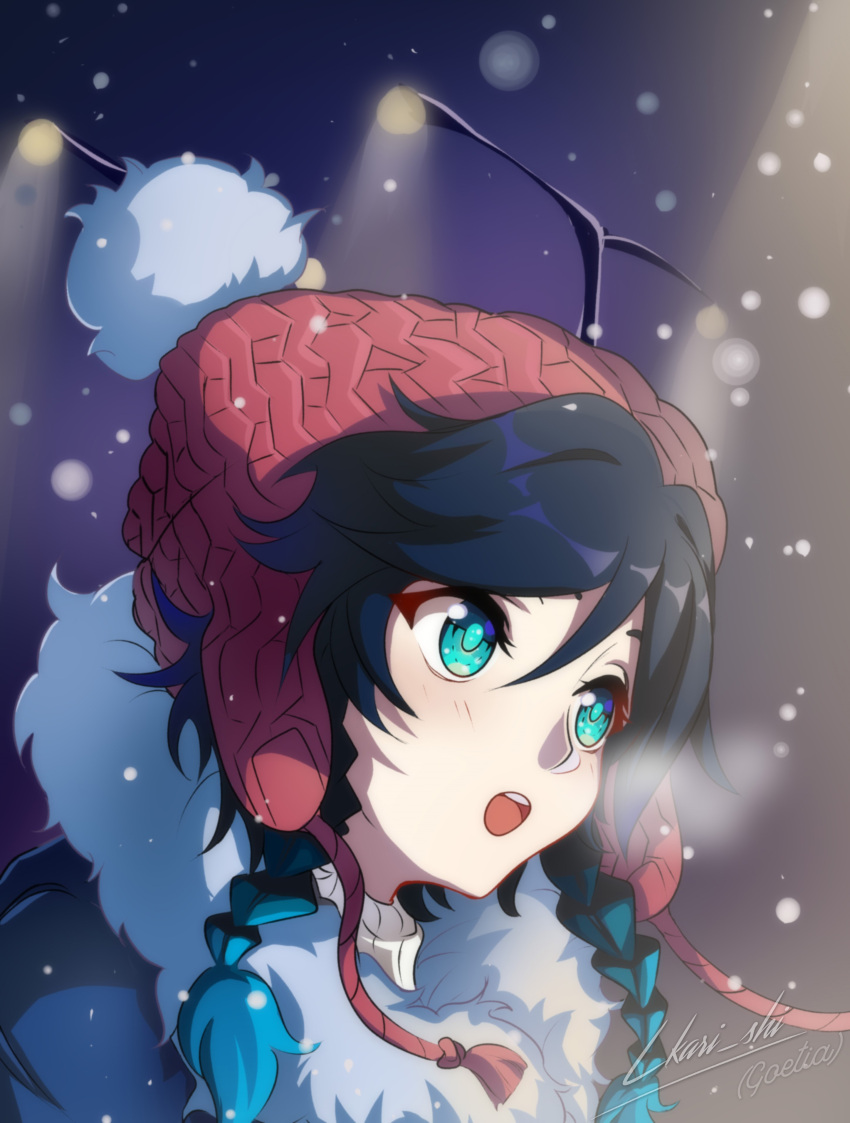 1boy absurdres aqua_eyes aqua_hair black_hair bobblehat braid fur_trim genshin_impact hat highres lkari_shi male_focus multicolored_hair open_mouth red_headwear snowing solo twin_braids venti_(genshin_impact)