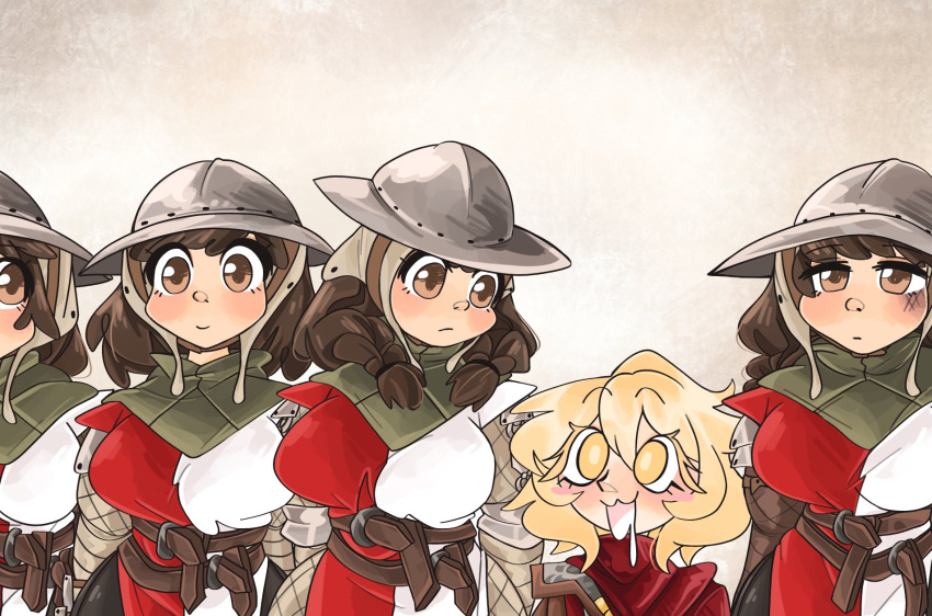 6+girls armor belt blonde_hair borrowed_character breasts brown_eyes brown_hair centurii-chan centurii-chan_(artist) cloak drooling gambeson gauntlets helmet highres ironlily kecchi0 kettle_helm large_breasts long_hair looking_at_another medieval multiple_girls original saliva sheath sheathed short_hair surcoat sword weapon yellow_eyes