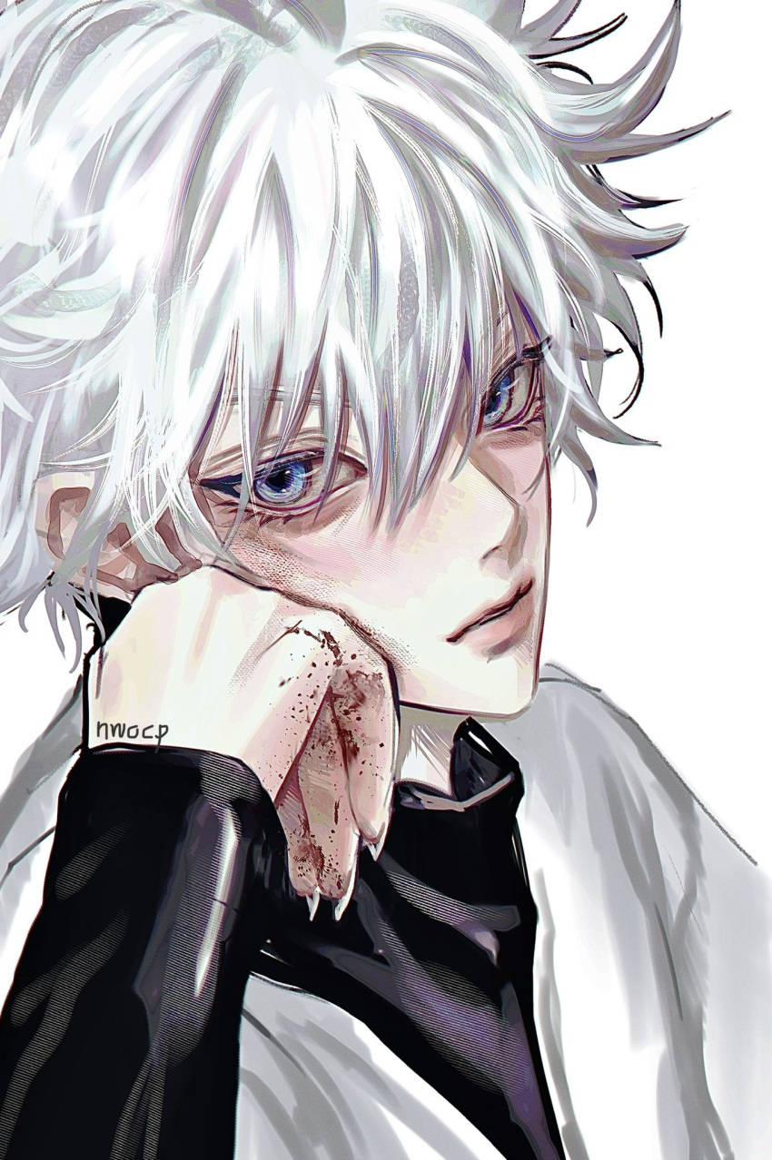 1boy artist_name blood blood_on_hands blue_eyes fingernails hand_on_own_face highres hunter_x_hunter killua_zoldyck long_sleeves looking_at_viewer male_child male_focus nwocp sharp_fingernails shirt short_hair simple_background solo upper_body white_background white_hair white_shirt