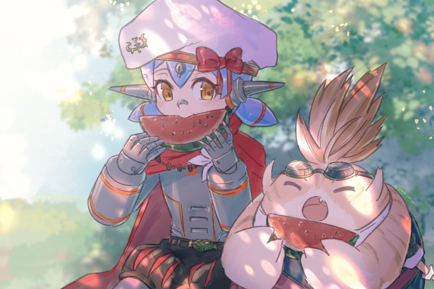 1boy 1girl :o android closed_eyes day eating fang food fruit goggles goggles_on_head hat highres joints nopon open_mouth orange_eyes outdoors poppi_(xenoblade) poppi_alpha_(xenoblade) puff_and_slash_shorts robot_ears robot_joints short_hair sitting tora_(xenoblade_2) twintails watermelon watermelon_slice xenoblade_chronicles_(series) xenoblade_chronicles_2 yumiyoiyoi